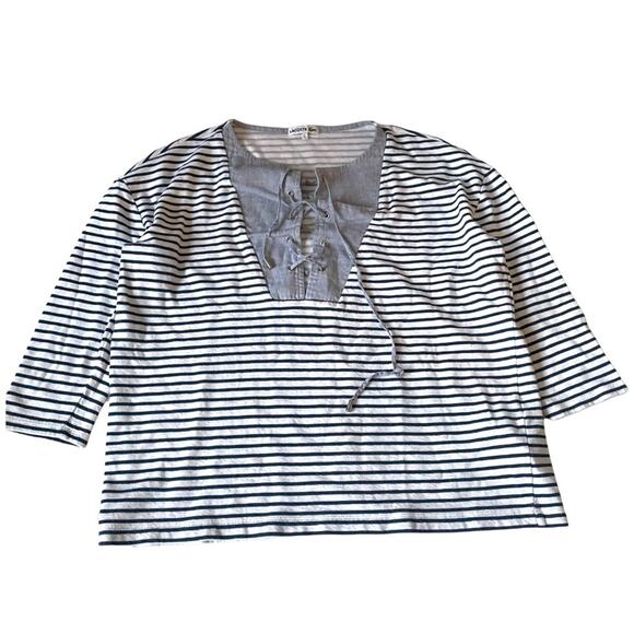 Lacoste Blouse Stripe 3/4 Sleeve Lace Up Yoke Blue White L GUC - Picture 1 of 14